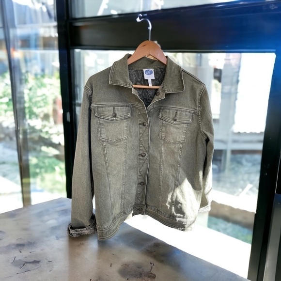 DG2, jeans jacket size XL, reversible solid green to snakeskin print, EUC - Picture 1 of 6